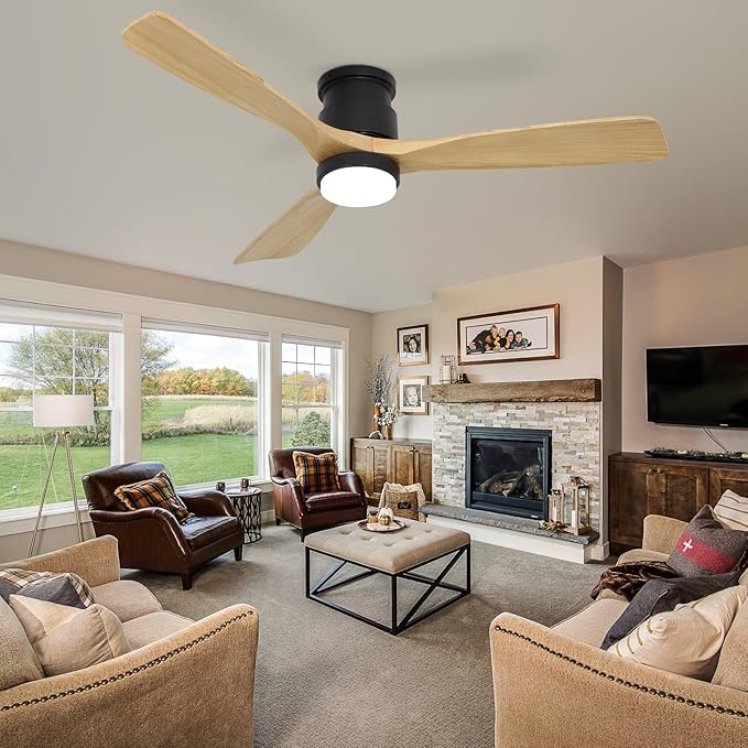 revoici Flush Mount Ceiling Fan with Light Remote, 52inch Natural Wood Ceiling Fans, 6 Speeds Reversible DC Motor 3CCT LED Lighting, Indoor Outdoor Fan Farmhouse Bedroom Living Room