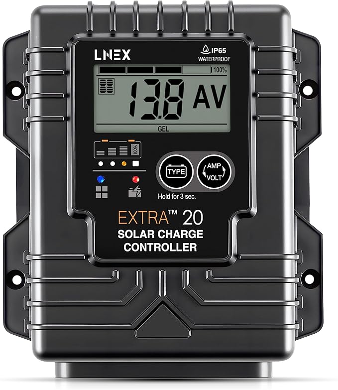 LNEX Solar Charge Controller Waterproof, 20A Solar Panel Regulator with Temp Sensor,Backlit LCD, 12V/24V PWM Solar Controller for LiFePO4,AGM, Gel, Flooded and Lithium Battery