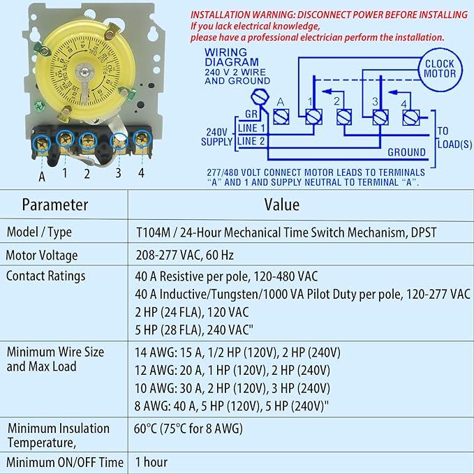 T104M Mechanical Time Switch, 208-277V AC, 5HP DPST, 24-Hour 12 ON/Off, Heavy Duty Electromechanical Outdoor Timer, 40A Max - Ideal for Pool Pumps, Lights, Fans, and HVAC Systems