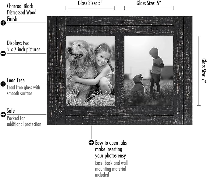 Americanflat Hinged 5x7 Double Picture Frame with 2 Photo Openings and Polished Glass - Distressed Wood Collage Picture Frames for Tabletop and Wall Display - Hampton Collection - Charcoal Black