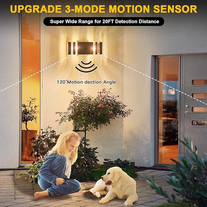 2 Pack Oil Rubbed Bronze Outdoor Wall Lights with 3-Mode Motion Sensor Up Down Porch Lights Modern Dusk Dawn Exterior Sconce Wall Mount Outside Coach Lantern for House(With 4 Dimmable Warm Bulbs)