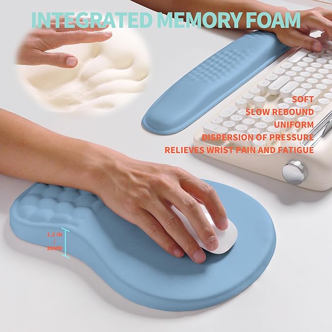 KUOSGM 2-in-1 Ergonomic Set, Wave Rise Keyboard Wrist Rest and Massage Bulge Slope Mouse Pad Wrist Support, Cushion Memory Foam Integrated to Relieve Wrist Pain, Lake Blue