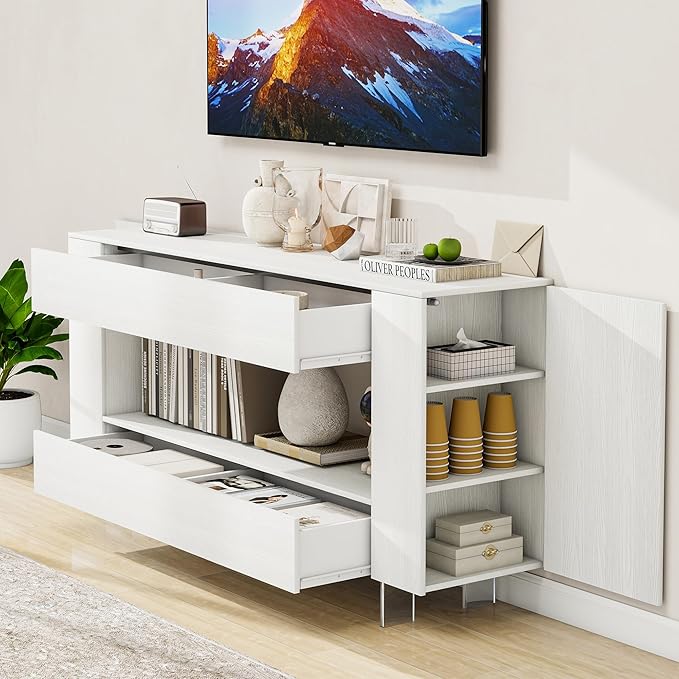 Vavkorkula TV Stand for 65 Inch with 2 Large Drawers & Hidden Storage Cabinets, Modern Farmhouse Entertainment Center Television Stands for Living Room Bedroom, White