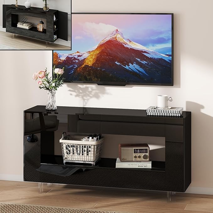 Vavkorkula High Gloss TV Stand for 65 Inch with 2 Large Drawers & Hidden Storage Cabinets, Modern Entertainment Center Television Stands for Living Room Bedroom, Black