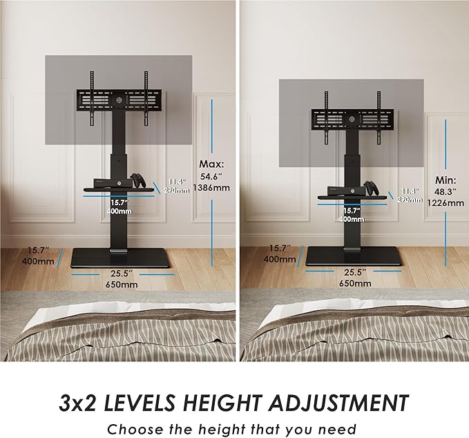 FITUEYES Swivel Floor TV Stand with Mount for TVs 37 43 50 55 60 65 70 75 Inch LCD LED Flat/Curved Screens Universal Swivel Televisions TV Mount Stand for Bedroom Living Room Black Tempered Glass Base