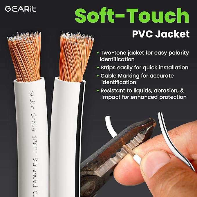 16AWG Speaker Wire, GearIT Pro Series 16 Gauge Speaker Wire Cable (100 Feet / 30.48 Meters) Great Use for Home Theater Speakers and Car Speakers, White