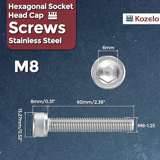 Kozelo 6pcs Socket Head Cap Screws - [M8-1.25 x 60mm] 304 Stainless Steel Allen Socket Drive for Electrical Motor 3D Printing Fan Engine Replacement Use, Silver