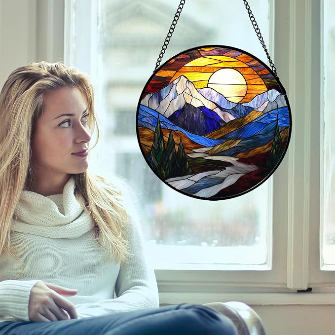 AMDERVEN Stained Glass Window Hanging, Yellow Blue Sunset Mountains Scenery Sun Catcher for Window Home Decor Landscape Suncatcher Mother's Day Birthday Gifts for Women Men Mom and Nana 7.8 in