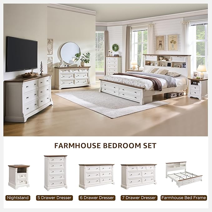 T4TREAM Farmhouse Nightstand Set of 2, 18" End Table with 2 Drawers Storage, Wood Side Table w/Roman Column, Bedside Cabinet for Bedroom, Living Room, Antique White
