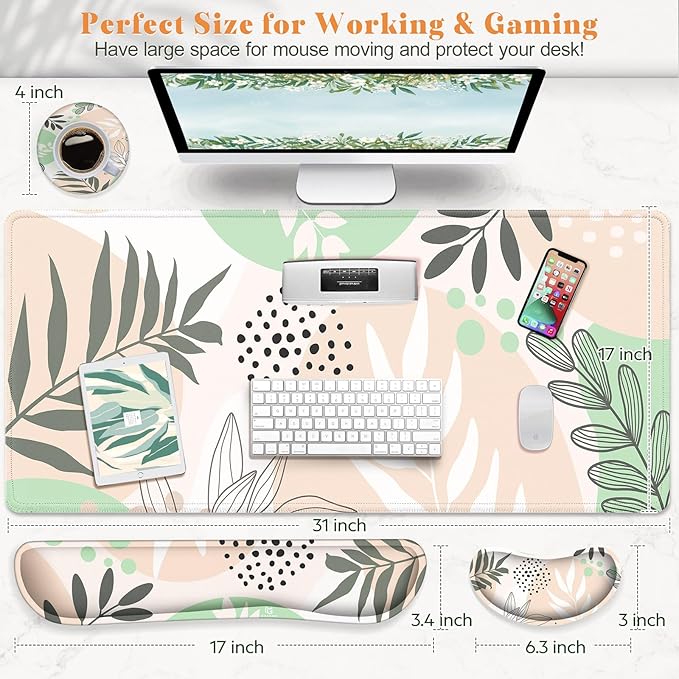 Gimars 4 in 1 Mouse Pad and Keyboard Wrist Rest Set, Large Mouse Pad with Memory Foam Wrist Support Pad for Desk with Coaster, Easy Typing Pain Relief, Gaming Office Home 31.5x12 inch, Morandi Beige