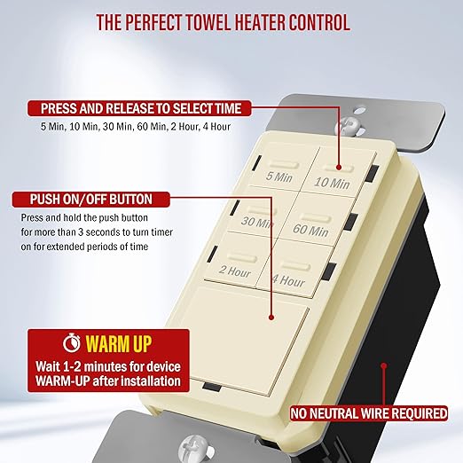 ENERLITES 4-Hour Countdown Timer Switch, 5-10-30-60 Min, 2-4 Hour, for Bathroom Fans, Heaters, Lights, LED Indicator, 120VAC 800W, No Neutral Wire Required, UL Listed, HET06-J-LA, Light Almond