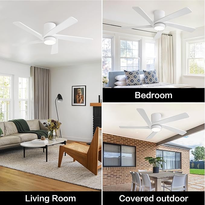 WINGBO 48 Inch Flush Mount DC Ceiling Fan with Lights and Remote, 5 Reversible Carved Wood Blades, 6-Speed Noiseless DC Motor, Hugger Ceiling Fan in White Finish, Low Profile Ceiling Fans, ETL Listed