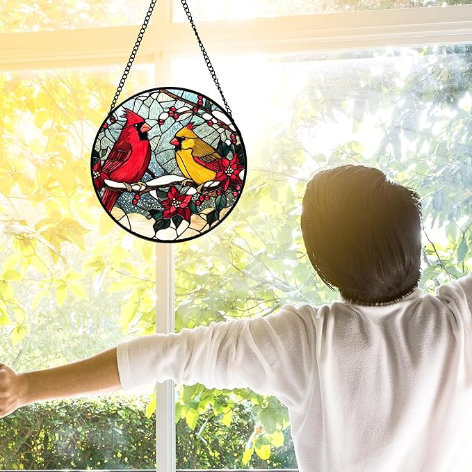 DASTOLL Stained Glass Window Hanging, Love Birds Cardinals Sun Catchers Colorful Glass Panel Birds Suncatcher Decor for Birthday for Women, Men, Wife, Lovers, and Mom 6.3 in