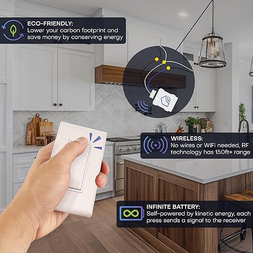 RunLessWire Single Pole Battery-Free DIY Wireless Light Switch Kit 150ft RF Range Self-Powered by Kinetic Energy for Fixtures & Outlets : 1 Remote Switch Controls 1 5A On/Off Receiver – White