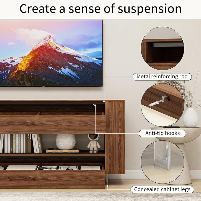 Vavkorkula TV Stand for 65 Inch with 2 Large Drawers & Hidden Storage Cabinets, Modern Farmhouse Entertainment Center Television Stands for Living Room Bedroom, Walnut