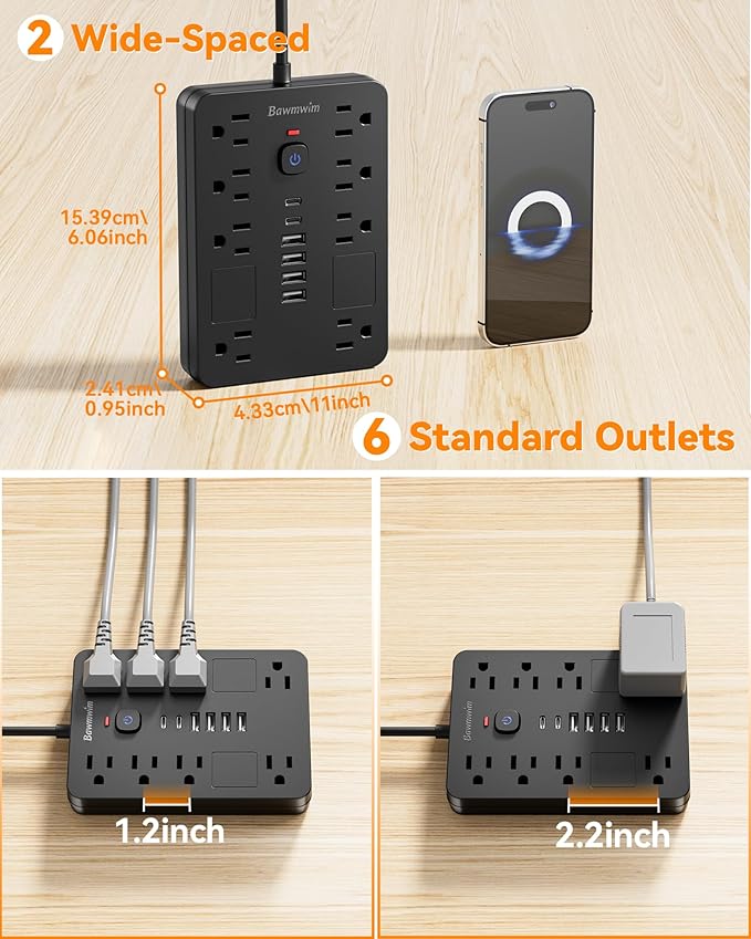 Bawmwim Surge Protector Power Strip - 8 Outlets(1850W/15A) with 6 USB Ports（2 USB C, 6FT Flat Plug Extension Cord, Wall Mount Multi Plug Outlet Extender, ETL Listed for Home, Dorm Room, Black