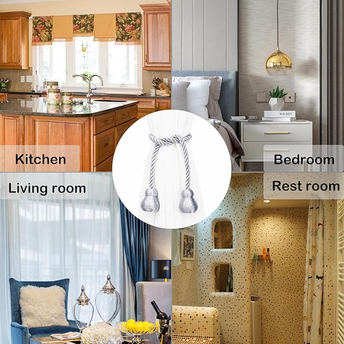 Nieffeiy Magnetic Curtain Tiebacks Outdoor Curtain Tie Backs Rope Decorative Magnetic Curtain Holders for Drapes Window Treatment Holdbacks, Grey 4Pack