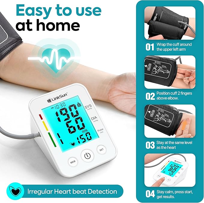 LinkSun Blood Pressure Monitor for Home Use with Large Upper Arm Cuff, Rechargeable Blood Pressure Machine with 100 Memory Recalls for 2 Users, Large LCD Screen, Charging Cable - 2008