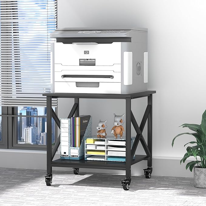 TQQDCI Printer Stand, 23.6 x 23.6 Inches Large Printer Stand with Storage Shelf, 2 Tier Printer Table for Home Office, Rolling Printer Cart with Industrial Wheels, Mini Fridge Stand Table, Black