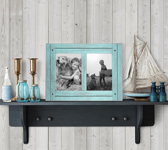 Americanflat Hinged 5x7 Double Picture Frame with 2 Photo Openings and Polished Glass - Distressed Wood Collage Picture Frames for Tabletop and Wall Display - Hampton Collection - Turquoise Blue