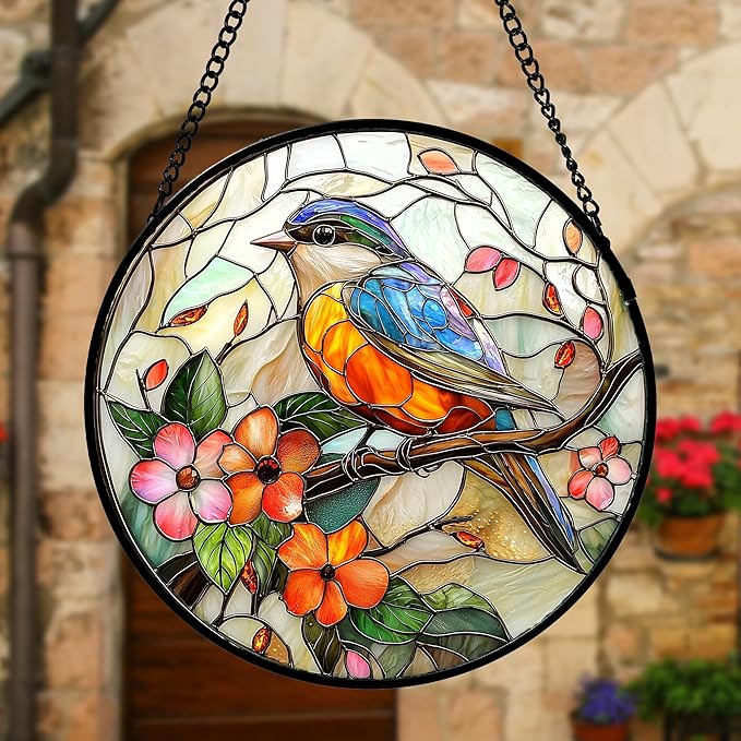 DASTOLL Stained Glass Window Hanging, Blue Bird Pink Flower Suncatcher Diamond Glass Panel Bird Sun Catchers Decor for Birthday for Women, Men, Wife, Aunt, and Mom 7.8 in