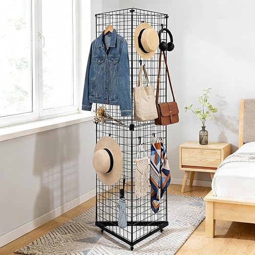 Weysat 5' x 1.6' Triangle Gridwall Panel Display Stand 3-Sided Grid Tower with Base and Casters Rolling GridWall Panel Stand for Home Organization Display Vendor Events, Black