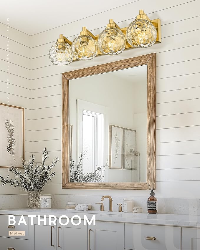 METWET Bathroom Light Fixtures Over Mirror, 26" Brushed Gold Bathroom Vanity Light with Clear Hammered Glass Globe Shade, 4-Light Modern Sconces Wall Lighting, VL200-BG-CL-4