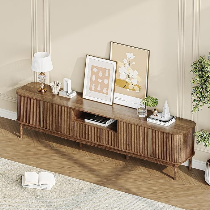 CHUWELL 86.6'' Fluted TV Stand for 75/80/85 Inch TVs, Mid Century Modern Entertainment Center with Large Storage Space & Open Shelves, Walnut TV Console with Sliding Doors for Living Room, Bedroom