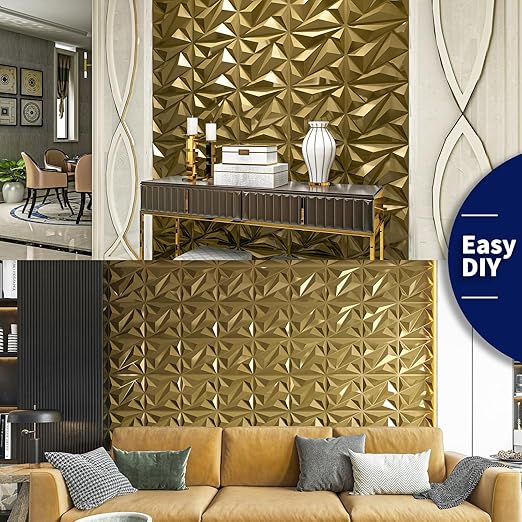 Art3dwallpanels 33 Pack 3D Wall Panel Diamond for Interior Wall Décor, PVC Textured Wall Panels, 12''x12'' Cover 32.Sq.Ft. Golden