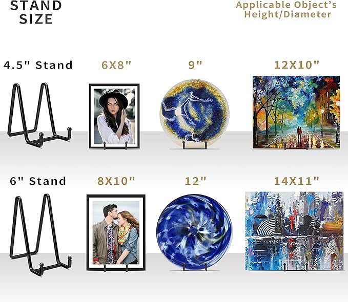 IPAME 4 Pack Plate Stands for Display - 4.5 Inch Metal Square Wire Plate Holder Display Stand + Picture Frame Stand Holder Easel for Book, Decorative Plate, Plaque, Photo, Platter (Black)