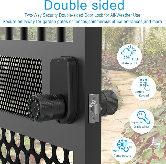 Double Sided Keypad Door Knob with Dual Cylinders and Key Alike, iuknob Keyless Entry Smart Door Lock for Entrance, Fence, Gate, Swimming Pool,Waterproof and Weatherproof for Outdoor & Interior Door.
