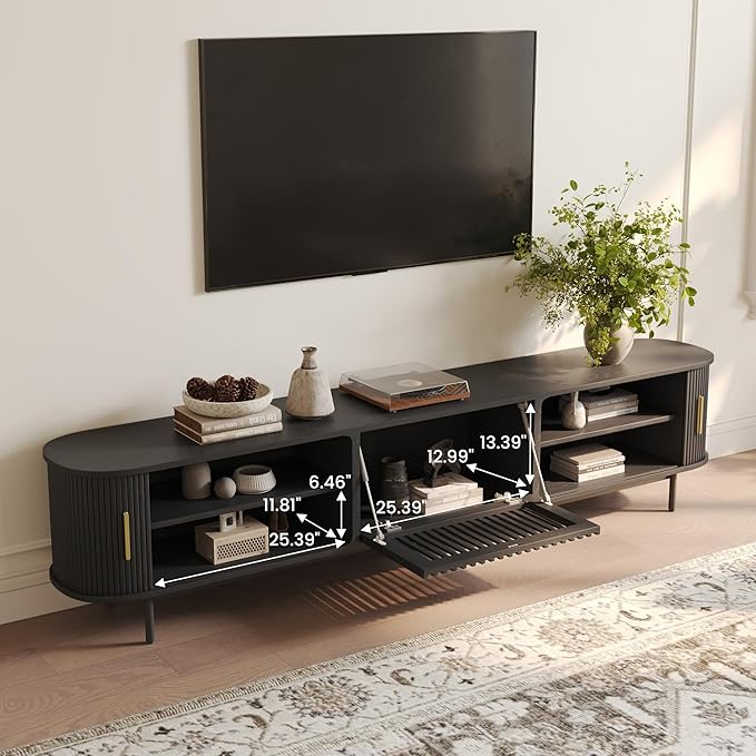 POVISON Sliding Tambour Door TV Stand with LED Lights, Mid Century Modern TV Console, Wood Media Console, Entertainment Center with Storage Cabinet, Fully-Assembled (Black, 94.49")