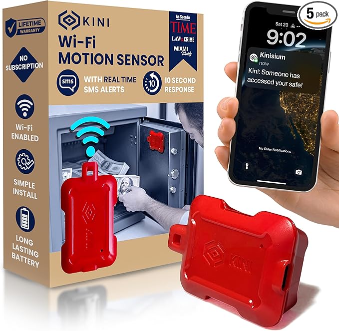 Instant Kini Safe Alert Wi-Fi Motion Sensor Alarm - Real-time SMS, Email, IFTTT - Great for Gun Safes, Cabinets, Home, Office - Easy Install, No Subscription, Long Lasting Rechargeable Battery