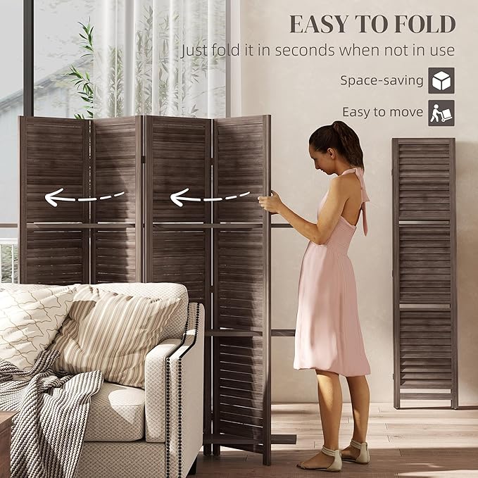 HOMCOM Room Divider, 4 Panel 67" Tall Wood Privacy Screen with 3 Display Shelves, and Folding Storage for Bedroom or Home Office, Walnut