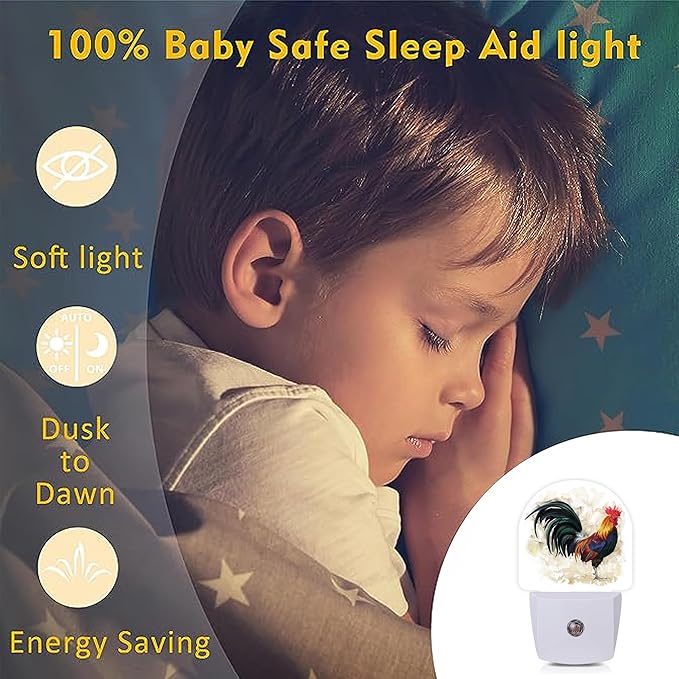 Axxitude Roosters Night Lights Plug into Wall for Girls Boys Room,Night Light LED Lamp Dusk to Dawn Sensor Round Lamp for Bedroom Bathroom Hallway Home Wall Decor Nightlight