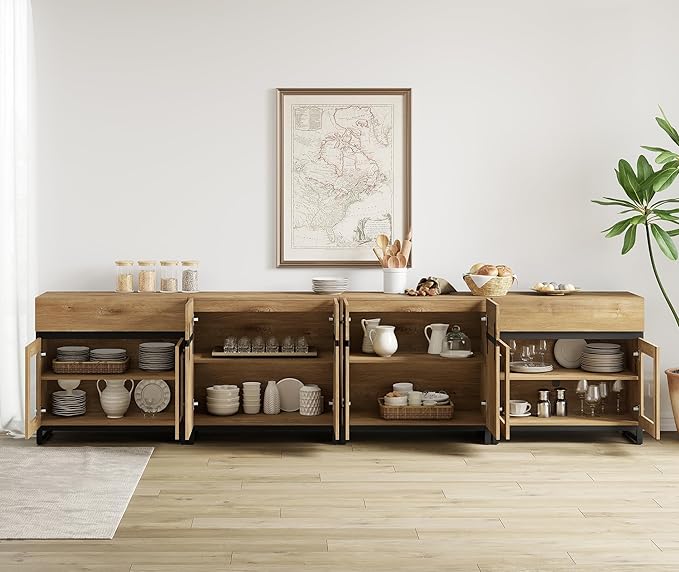 WAMPAT Modern TV Stand for TVs up to 120 inch, 4 in 1 TV Console with Glass Doors and 2 Drawers, Entertainment Center with Adjustable Shelf for Living Room, Bedroom, Oak