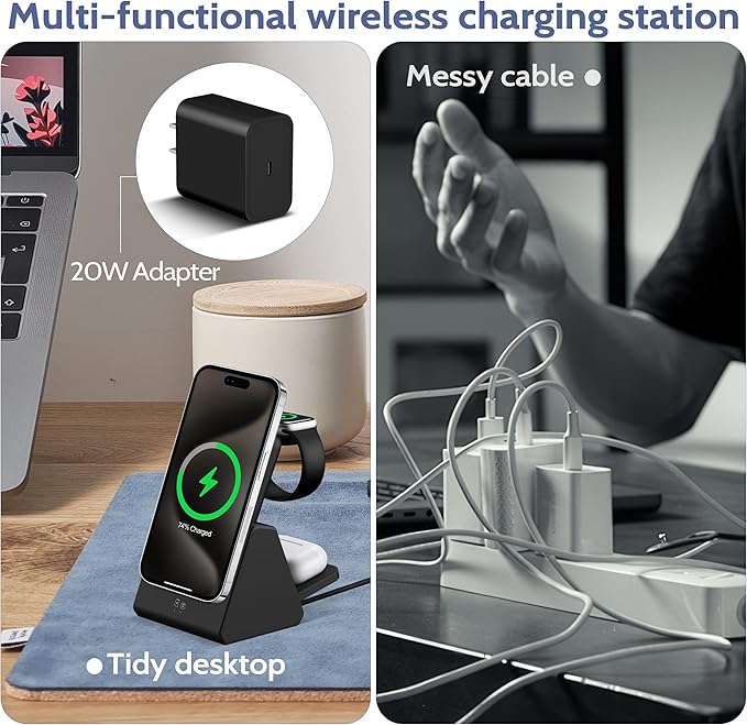 Smtcsl 3-in-1 Wireless Charging Station: Portable 10000mAh Power Bank Charger Compatible for Phone Air/17/16/15/14/13/12 Series and Watch - Detachable Magnetic Charging Stand Black