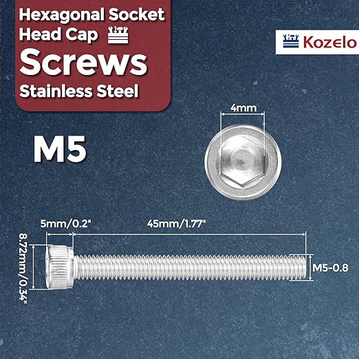 Kozelo 25pcs Socket Head Cap Screws - [M5-0.8 x 45mm] 304 Stainless Steel Allen Socket Drive for Electrical Motor 3D Printing Fan Engine Replacement Use, Silver