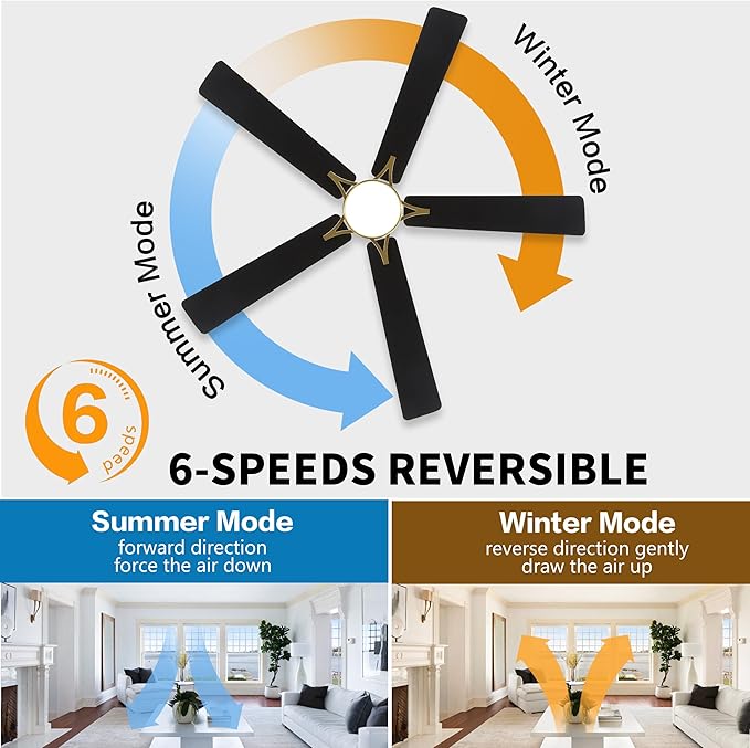 WINGBO 48" DC Flush Mount Ceiling Fan with Lights, 6-Speed Reversible DC Motor, 3CCT, Low Profile Hugger Ceiling Fan for Living Room Bedroom Kitchen, Brass Finish and Black/White Blades