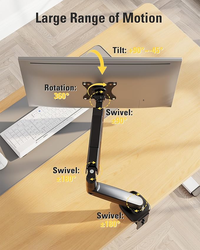DreamAxis Single Monitor Mount, Gas Spring Monitor Arm for 17-32 Inch Computer Screens, Adjustable Monitors Stand for Desk, 75x75/100x100mm VESA Mount, with Clamp and Grommet Base, Holds 4.4-17.6lbs