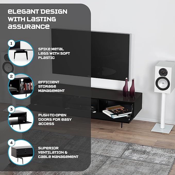 SONOROUS ST-360 Premium TV Stand for Living Room – Modern TV Stands & Entertainment Center with Storage – Black Glass & White Wood Cover – Luxury Media Console with Metal Legs for TVs up to 75 inches