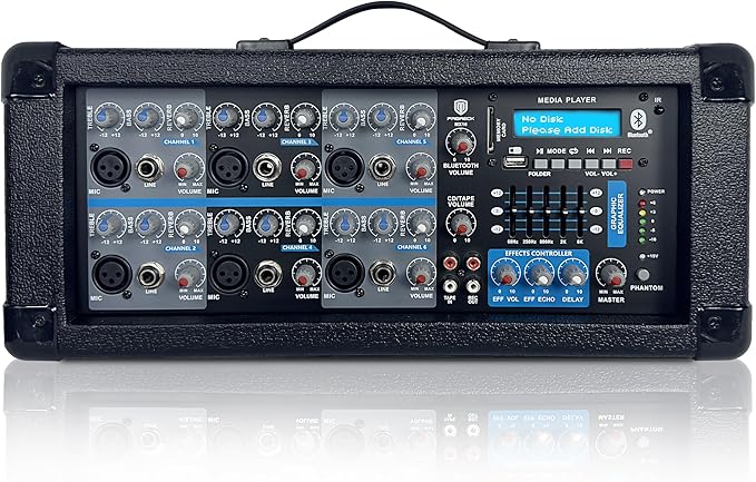 PRORECK MX16 6-Channel 2000w Professional Audio Mixer with USB Interface, Bluetooth, Effect Controller, 15V Phantom Power. Ideal for Studio Recording, Live Performances, DJs, Bands, Party, Wedding