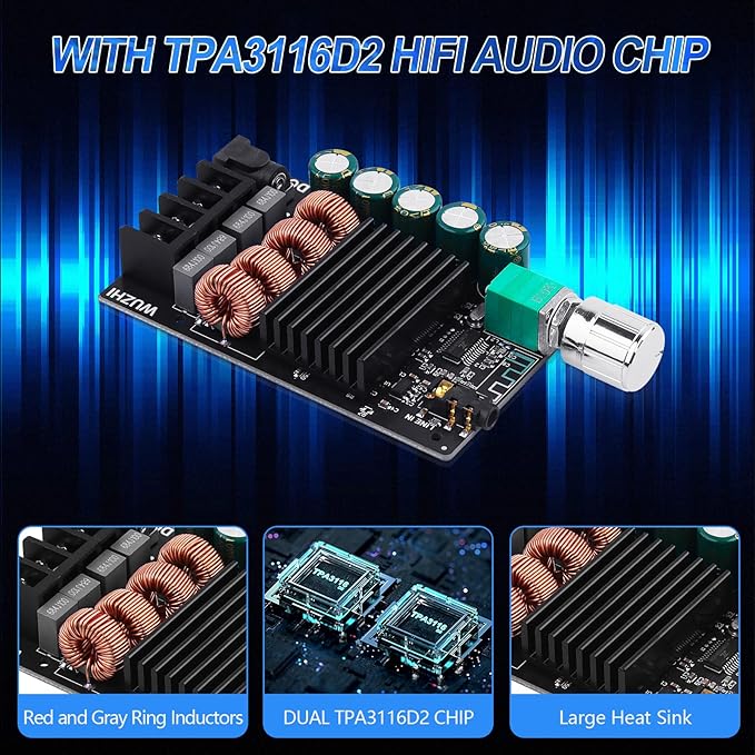 ZK-1002 Bluetooth 5.0 Audio Amplifier Board, 100W x 2 2.0 Channel Mini HiFi Power Amplifier Receiver with Volume Control, BT and AUX Inputs, DC 5-27V Stereo AMP Module for Home DIY Speakers
