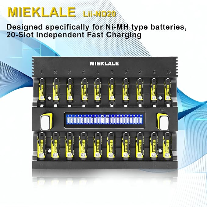 MIEKLALE 20+2 Bay AA AAA Battery Charger with Smart LCD Display Fast Charging for AA AAA NiMH NiCd & 9V Rechargeable Batteries, 2 Separate Charging Slot for 9V Batteries