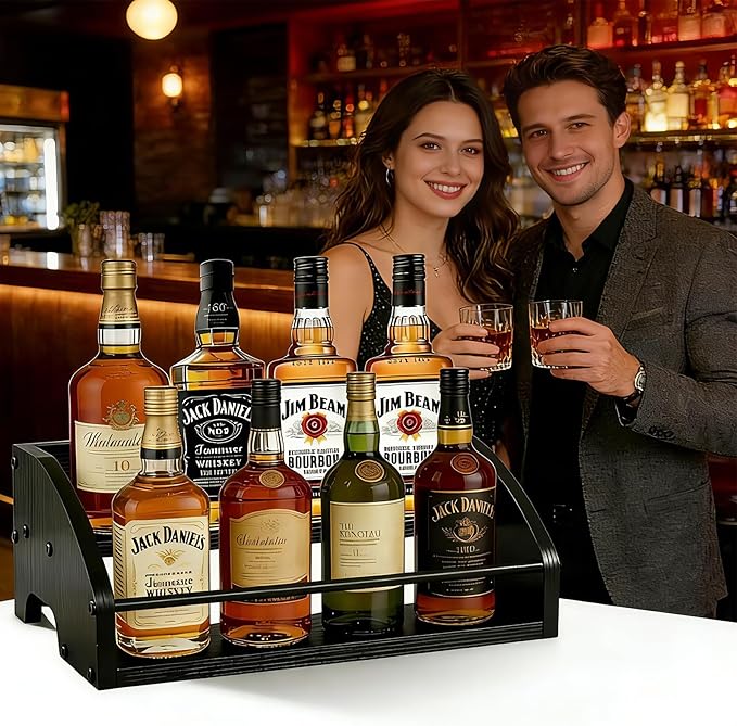 Wooden Liquor Bottle Display Shelf, Coffee Syrup Rack Organizer, 2 - Step Countertop Wine Rack, Rustic Mini Bar Cabinet, Home Retro Bar Shelf Stand for Liquor Whiskey, Spirits (Black)