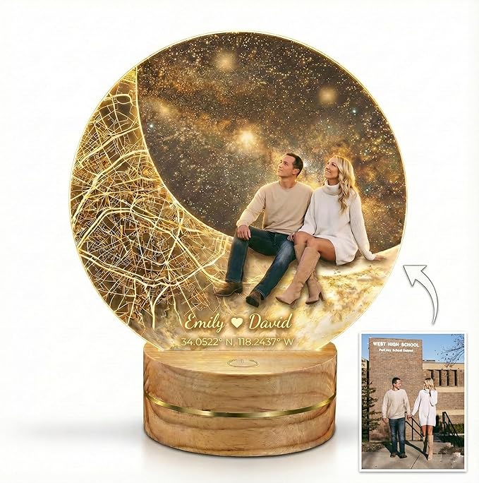 MamaEra Valentine’s Day Gift 2026 - Personalized Map Night Light with Photo & Coordinates – Custom Acrylic Moon Lamp with Wooden Base, Remote Control – Romantic Gift for Couples, Anniversary