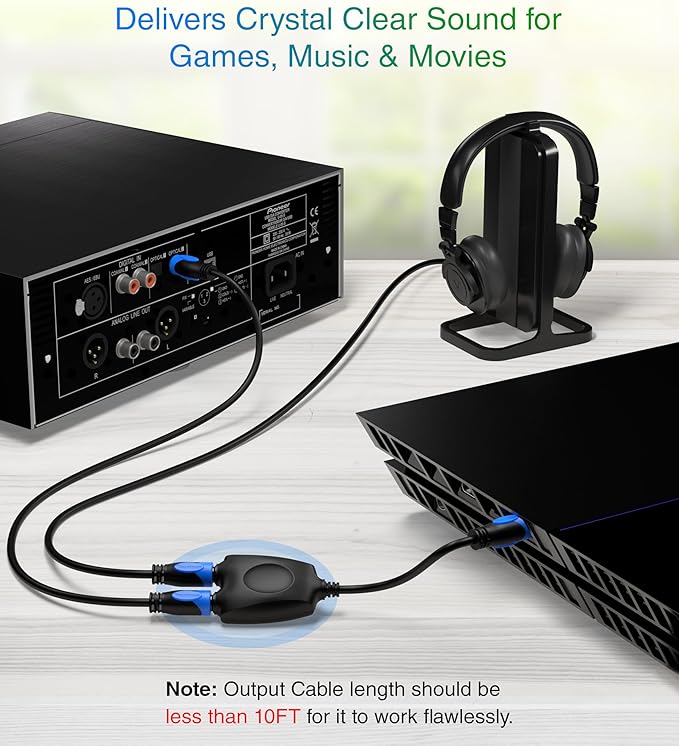BlueRigger Digital Optical Audio Splitter 1x2 (1 in 2 Out Unidirectional Toslink Splitter, Support LPCM2.0, Dolby Digital, DTS 5.1)- for Home Theatre, Xbox, DVD, TV, Receiver, Sound Bar