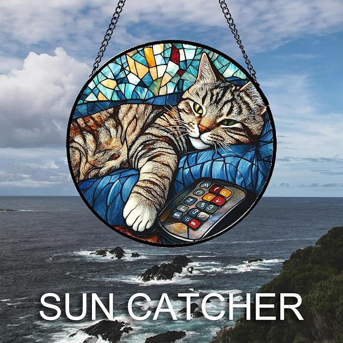 DASTOLL Stained Glass Window Hanging Gray Cat and Remote Control 6.3" - Suncatcher Door Garden Kitchen Sun Catcher Home Decor Birthday for Lost Pets Mom Men Woman Friend Grandma
