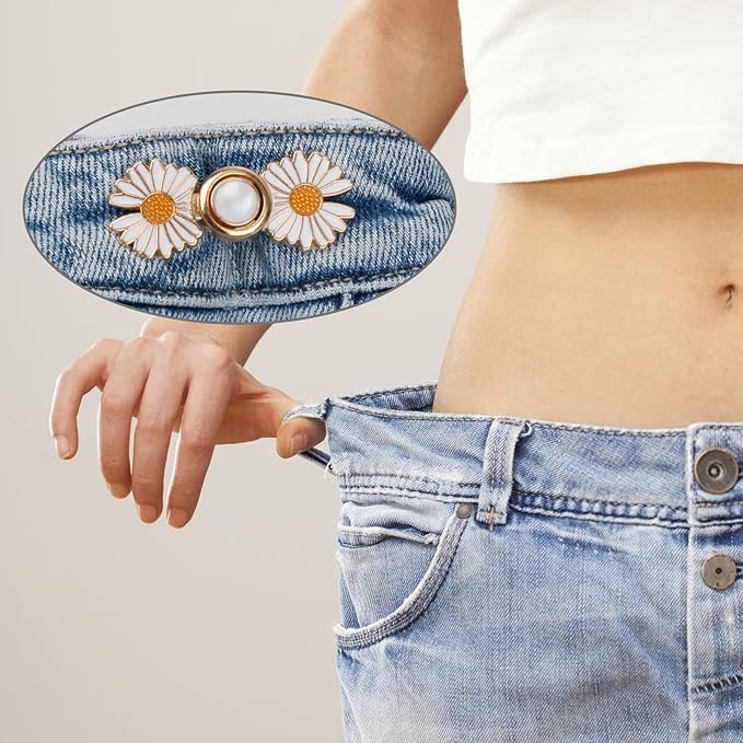 TOOVREN Pant Waist Tightener, Detachable Jean Buttons for Loose Jeans, No Sew and No Tools Button Pins for Jeans, Adjustable Jean Buttons Pins, Daisy Flower Instant Pants Button Tightener 4 Sets