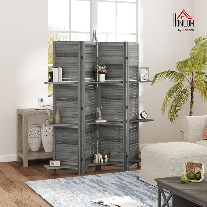 HOMCOM Room Divider, 4 Panel 67" Tall Wood Privacy Screen with 3 Display Shelves, and Folding Storage for Bedroom or Home Office, Gray